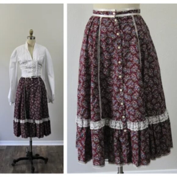 Jessica Mcclintock For Gunne Sax Dresses & Skirts - Vintage Gunne Sax Prairie Skirt in Burgundy Floral XXS